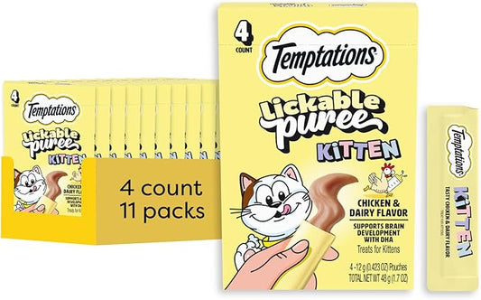 Temptations Puree Kitten Cat Treats Lickable, Chicken & Dairy Flavor, 4 Pouches (Pack of 11)