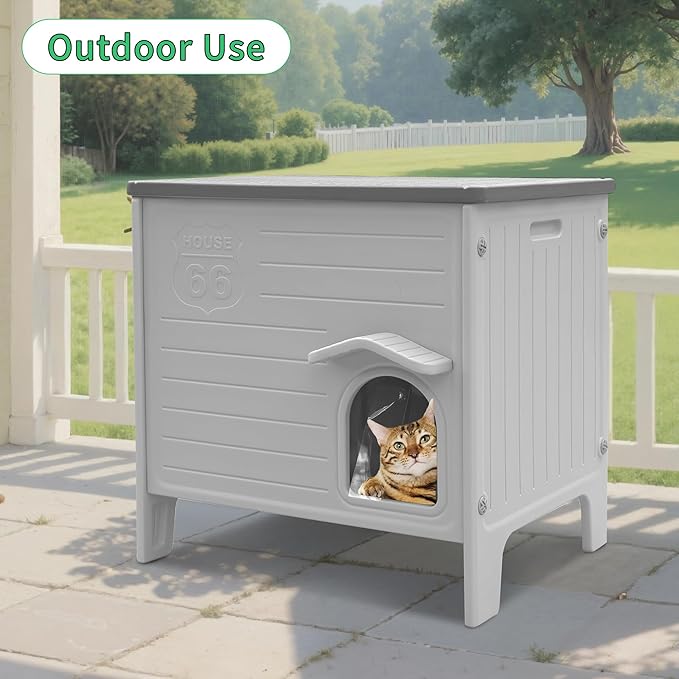 Rockever Insulated Outdoor Cat House, Waterproof Cat House for Outdoor Cats with Escape Door, Plastic Feral Cat House Outdoor Indoor, Spacious and Clean Easily (Grey,L)