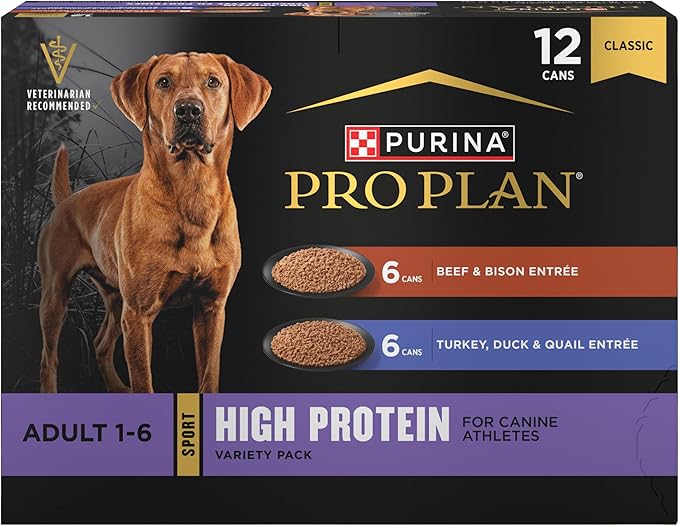 Purina Pro Plan Sport High Protein Wet Dog Food, Beef and Bison Entrée and Turkey, Duck and Quail Entrée Variety Pack - (Pack of 12) 13 oz. Cans