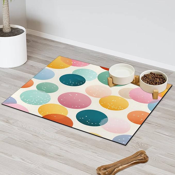 Polka Dot Dog Food Mat for Floors Absorbent Dog Bowl Mat for Food and Water Dispenser Quick Dry Cat Food Placemat Pet Supplies 12" x 20", Circle
