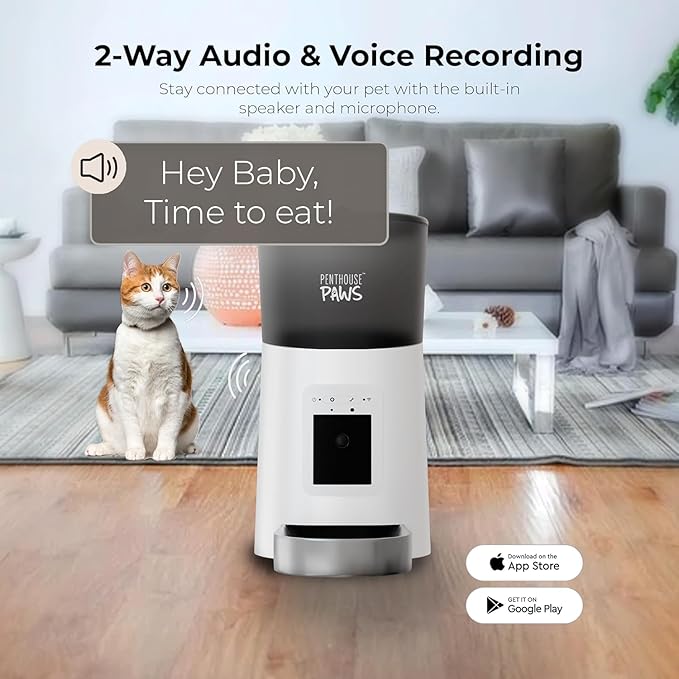 Penthouse Paws Smart HD Automatic Pet Feeder, 6L Dry Food Capacity, 1080p Camera, 2-Way Audio, Scheduled Meals, Backup Power, Easy to Clean, Anti-Jam Design for Cat & Dog, White/Stainless Steel