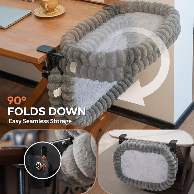 CHEERPALS Cat Desk Bed with Reversible Cushion, 90°Foldable Cat Hammock for Desk Mounted, Suitable for Medium-to-Large Cats and Puppy, Clowd Series(Grey, Large)
