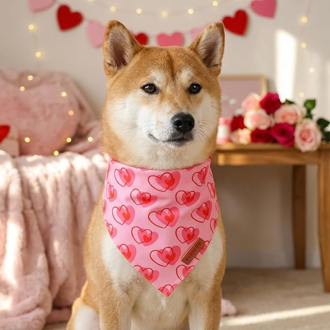 PTDECOR Valentine Dog Bandana, Reversible Heart Print Valentine Pet Scarf, Premium Durable Fabric, Pink Bandanas for Medium Large Dogs (Large)