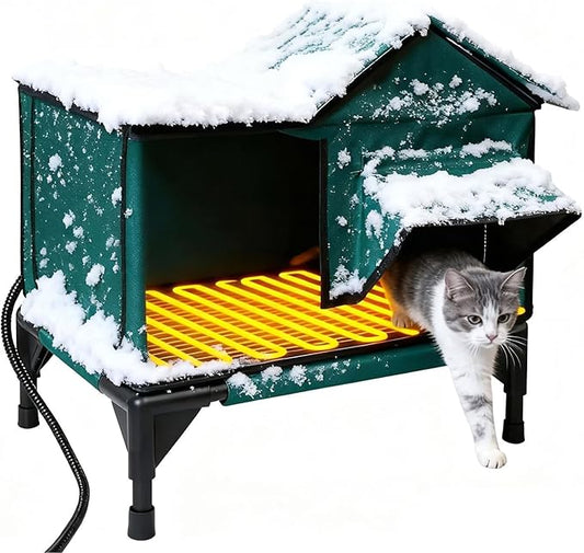 BARKBUDDY Heated Cat House for Outdoor & Indoor Use in Winer, 113°F Constant-Temperature Heating Pad Waterproof Windproof Warm Shelter Cat Houses (Green, Large (25" L x 17" W x 20" H))