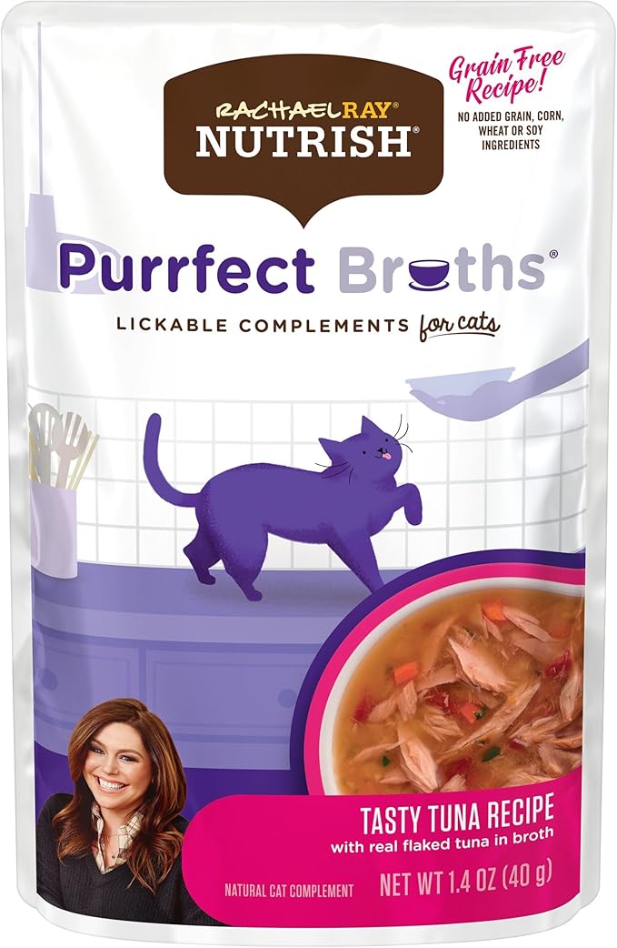 Nutrish Rachael Ray Purrfect Broths Wet Cat Food,Tasty Tuna Recipe with Flaked Tuna & Veggies,1.4 Ounce Pouch,Grain Free,(Pack of 48)