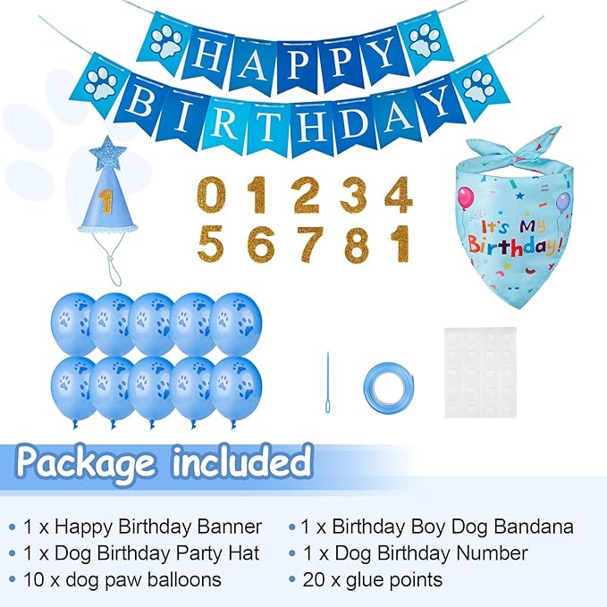 Dog Birthday Party Supplies, Dog Birthday Bandana Set, Dog Boy Girl Birthday Party Hat with Numbers,Flag, Balloon for Large Medium Small Dogs Pet (Blue)