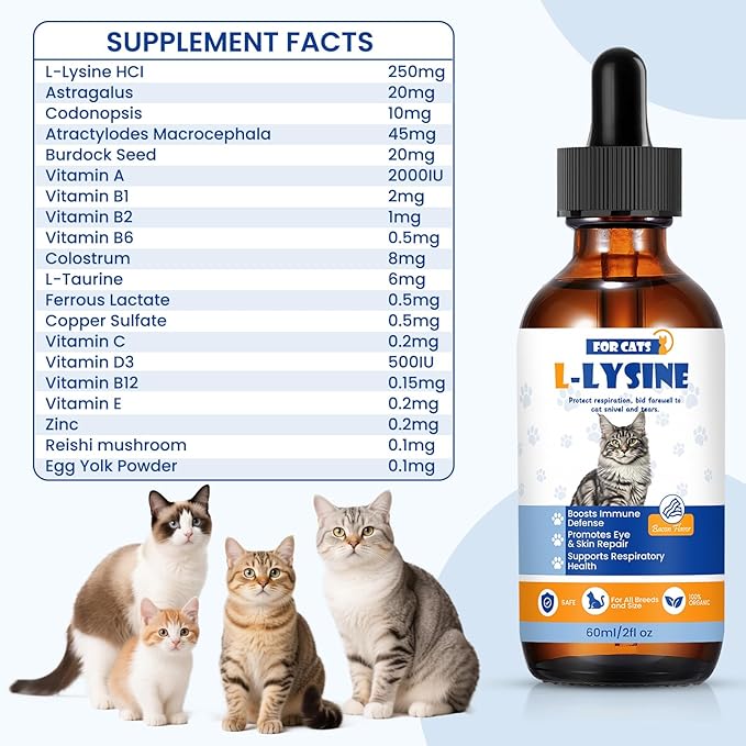 Premium Cat L-Lysine Liquid Drops for Immune Support and Respiratory Health Helps with Sneezing Eye Discharge and Stress Relief with Essential Vitamins and Taurine for Kittens and Adult Cats