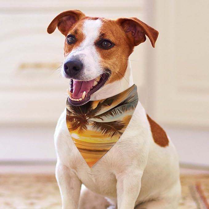 Dog Bandana Spring Pet Scarf Adjustable Triangle Tropical Beach Palm Tree Sunset Printing Dog Bib Washable Polyester Puppy Bandana for Small Medium Large Dogs Cat Birthday Party Supplies