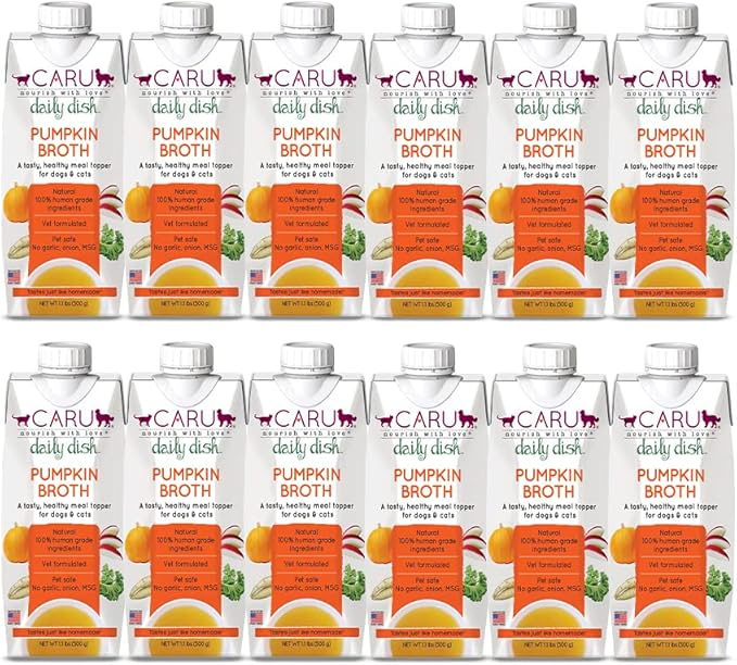 Caru - Daily Dish Pumpkin Broth - Meal Topper for Dogs & Cats - Supports Overall Pet Health - Pour-Over Broth for Wet/Dry Food - Human Grade Ingredients - Non-GMO - Made in USA - 12 Pack