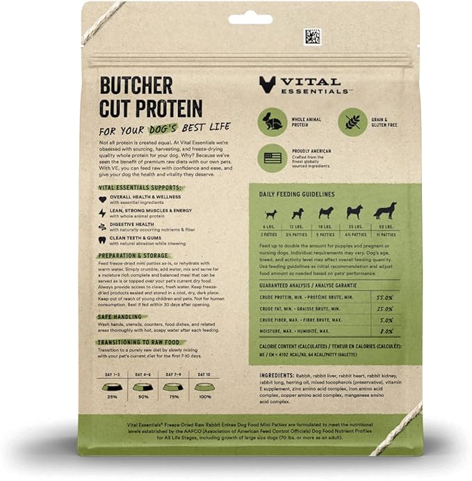 Vital Essentials Freeze Dried Dog Food, Raw Rabbit Mini Patties | Complete Meal or Topper | High Protein, Grain Free Dry Dog Food | 14 oz Bag