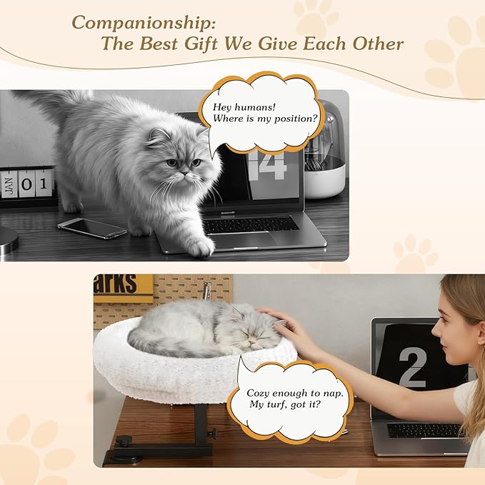 VERIFOST Adjustable Cat Desk Bed, 360° Rotatable Elevated Desk Cat Bed for Home Office, Space-Saving Design Table Supports Up to 60 lbs, Soft Faux Fur Bed with Removable Washable Cover (Beige)