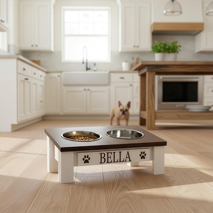 GTW Classic Tilted Elevated Dog Feeder – Angled Wood Stand with Stainless Steel Bowls for Short-Nose Dogs, Anti-Slip Farmhouse Design (Tilted, Dark Walnut)