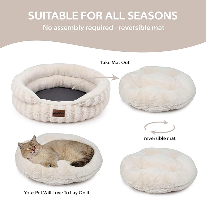 Cat Bed Puppy Bed - Washable Round Cat Beds for Indoor Cats, Soft Corduroy Fleece Pet Bed for Kitten and Samll Dog with Removable Double Sided Inner Cousion, 26", Beige