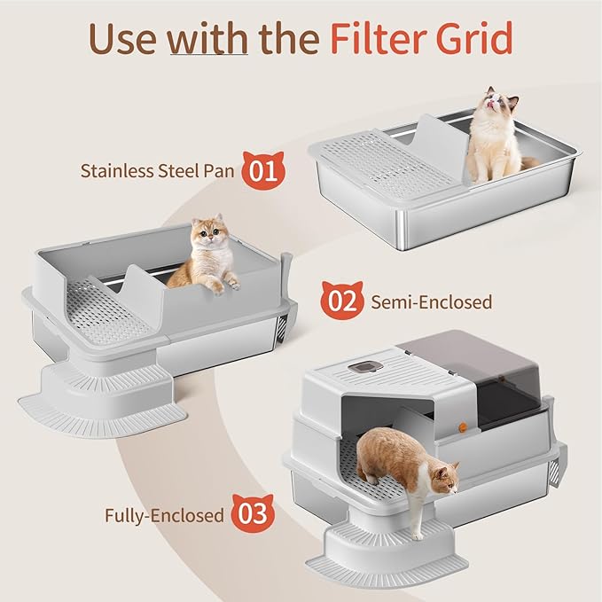 XXXL Stainless Steel Litter Box, 28"x20"x18" Extra Large Fully Enclosed High Sided Metal Cat Litter Box with Filtered Grid, Step, Scoop, Non-Sticky, Non-Odor, Easy Cleaning (Light Gray)