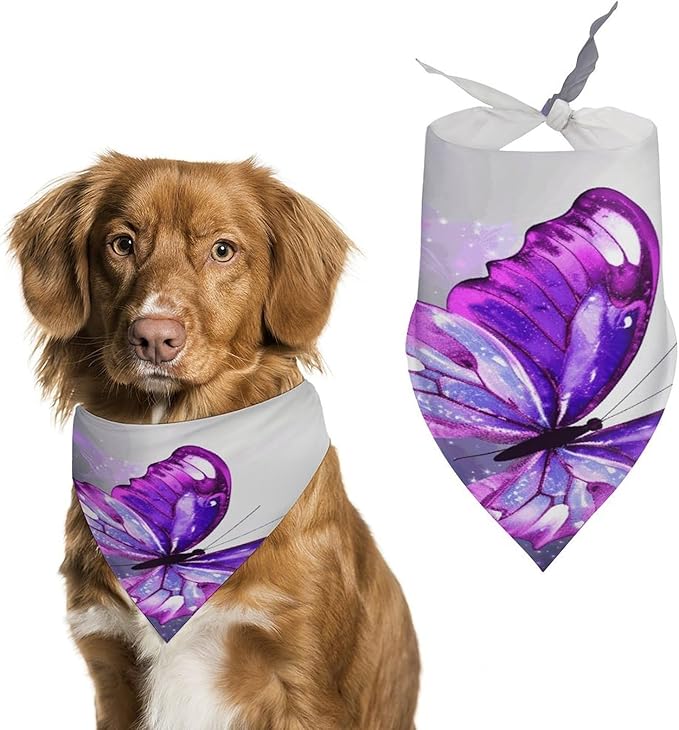 Dog Bandana Spring Pet Scarf Adjustable Triangle Purple Butterfly Printing Dog Bib Washable Polyester Puppy Bandana for Small Medium Large Dogs Cat Birthday Party Supplies