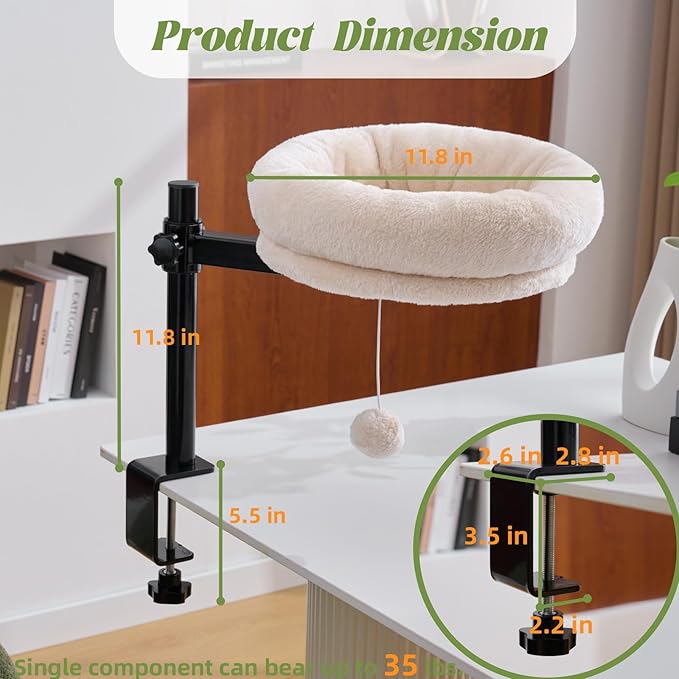 BYBYME Cat Desk Bed for Indoor Cats, Kitty Bed for Desk Supports 44 lbs, 360° Rotation & Adjustable, Soft Cat Nest Desktop with Hanging Ball for Office Desks Home Tables, 12" in Diameter（White）