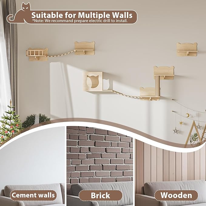 LEMBERI Cat Wall Shelves, Wooden Feline Furniture, 9 Pcs Set Wall Mounted Cat Shelves with Bed, House, Steps, Bridge Ladder and Scratching Post for Indoor Climbing, Sleeping, Playing