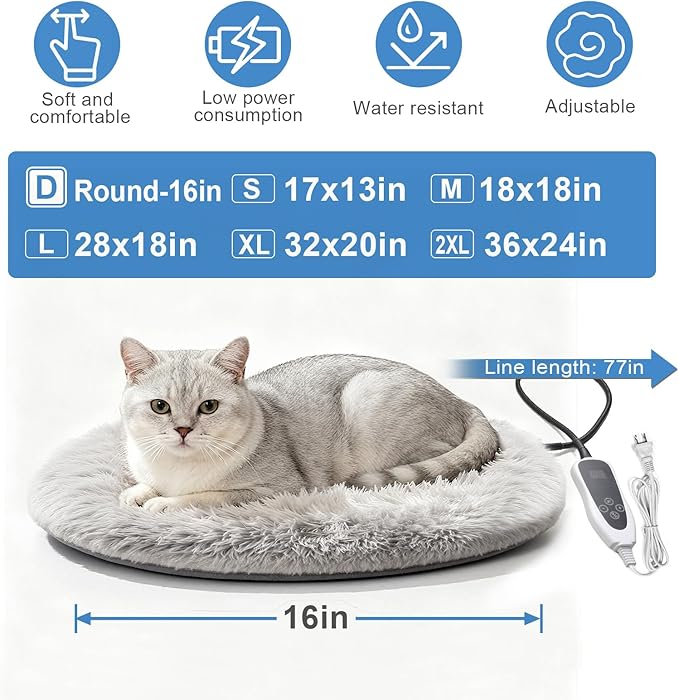 Cat Heating Pad Round-16 in with Smart Thermostat Switch and Power Line Protection Tube,Obtained MET and UL Dual Certification,Waterproof Pet Heating Pad for Cats, with Long Velvet Cloth Cover
