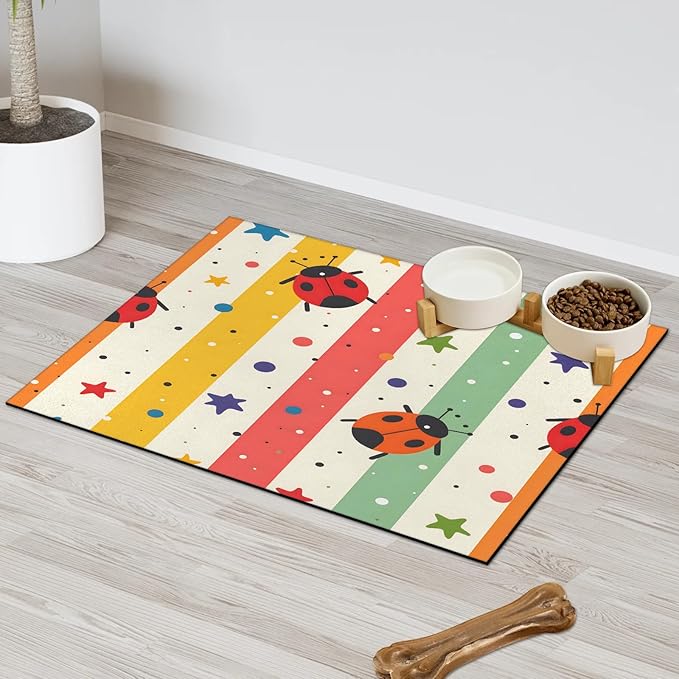 Red Ladybird Dog Food Mat for Floors Absorbent, Quick Dry Water Dispenser Mat for Food, Water, Pet Supplies 16" x 24", Colorful Lines