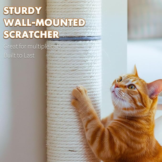 PowerKing 32" Wall Mounted Cat Scratcher,Extra Tall Sisal Cat Scratching Post for Large Indoor Cats, Space-Saving Vertical Wall Cat Climbing Pole with Natural Wood & 360° Rotating Design