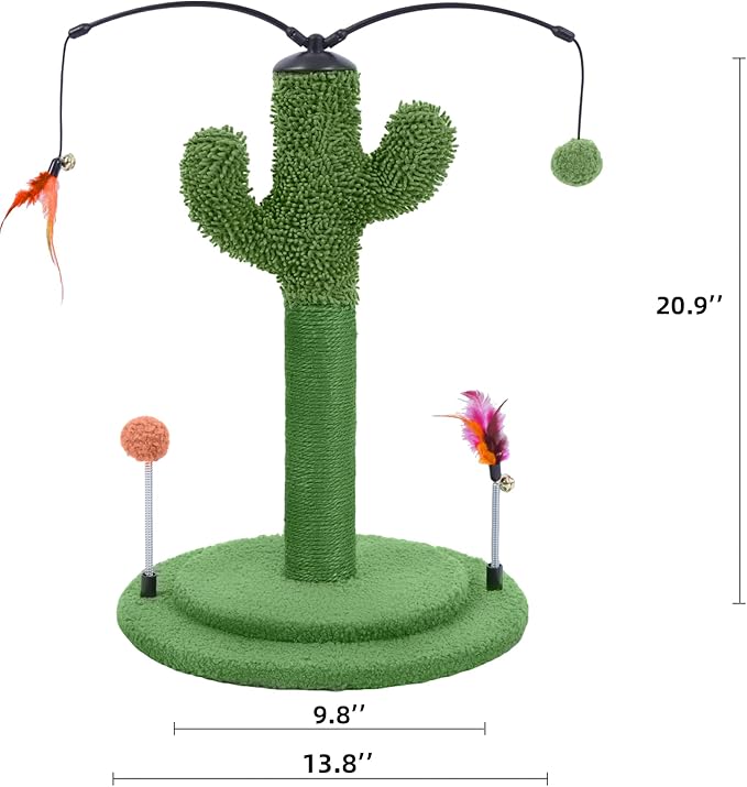 YUNIQUE Cactus Cat Scratching Post with Sisal Rope, Small Cat Tree with Dangling Balls & Feather for Kittens (Green, 20.9'')