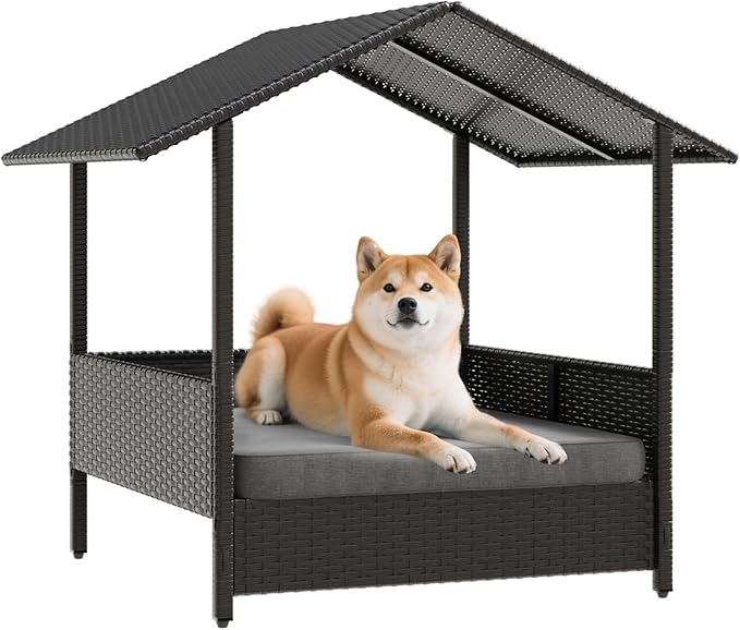 Waleaf Wicker Dog House Outdoor Indoor with Canopy and Removable Cushion, Elevated Rattan Dog Bed Shelter for Small/Medium Dogs, Weather Proof Cushion Cover Pet Cabana for Patio, Deck, Pool, Yard