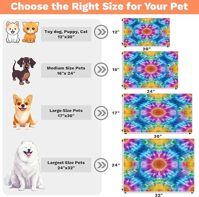 Tie Dye Dog Food Mat for Floors Absorbent, Quick Dry Water Dispenser Mat for Food, Water, Pet Supplies 24" x 32", Colorful Abstract