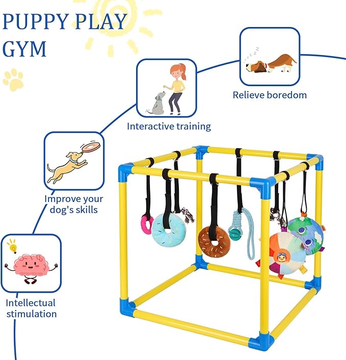 Liitrton Puppy Play Gym - Small Dogs Play Gym with 8 Hanging Toys, Indoor Puppy Jungle Gym with Interactive Dog Enrichment Toys, 19.5"x19.5"x19.5" PVC Frame