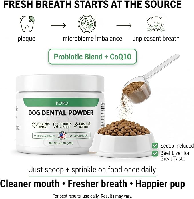 Kopo Dog Dental Powder - an Easy Solution for Extreme Bad Dog Breath with Intentionally Chosen Ingredients with Probiotics and Coenzyme Q10 - Made in USA for All Breed Size - Beef Liver Flavor