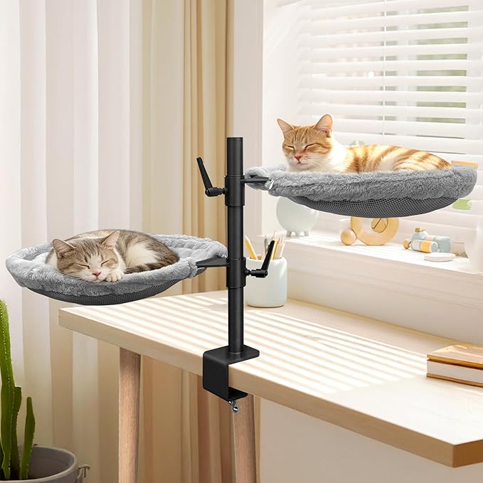 Double Cat Desk Bed, 360° Rotating & Adjustable Heigh Kitten Nest for Desktop, Double Kittens Clamp Hammock Bed with Dual-Sided Reversible Mat for Home Office-Maximum Hold Up to 40lb