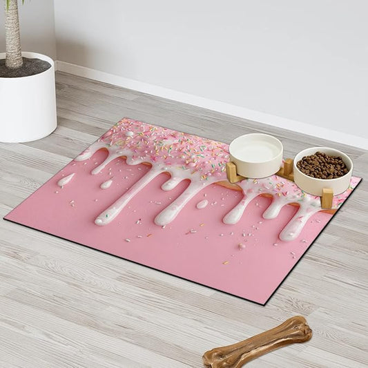 Ice Cream Dog Food Mat for Floors Absorbent Dog Bowl Mat for Food and Water Dispenser Quick Dry Cat Food Placemat Pet Supplies 16" x 24", Pink Sweet