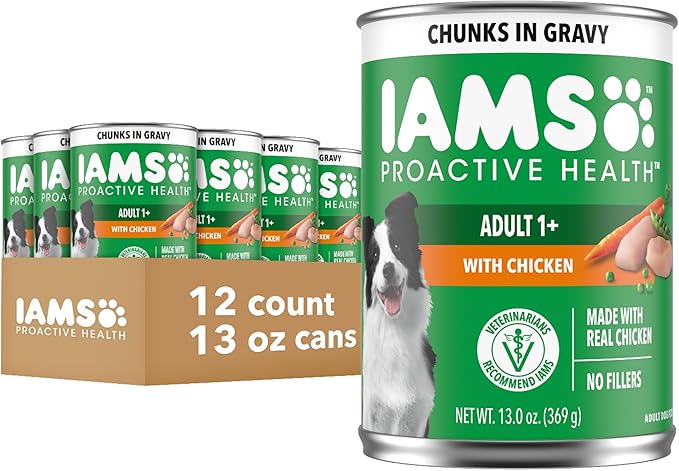 IAMS Proactive Health Adult Wet Dog Food Chunks in Gravy, Chicken Recipe, 13 oz. Cans (12 Count, Pack of 1)