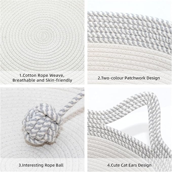 Hand Woven Cat Bed Basket With Toy Tail, Cotton Rope Foldable Sleeping Basket, Kitten Shaped House for Cats, Puppies, Rabbits and Small Pets (Medium, Gray & White)