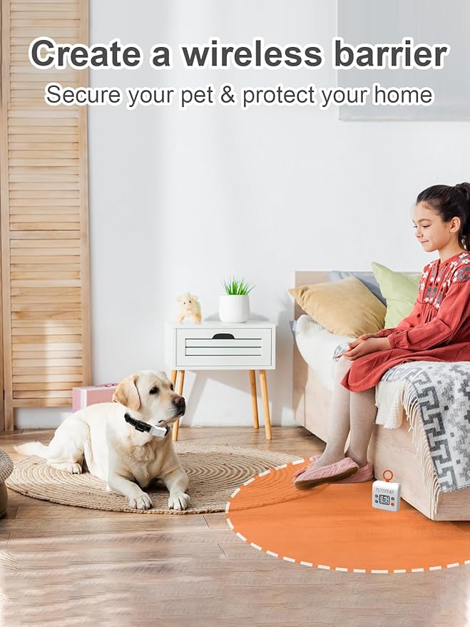 FLYSPEAR Wireless Pet Barrier - Rechargeable Indoor Pet Barrier with 6 Adjustable Range Radius up to 7 ft, 6 Adjustable Safe Static Intensity, Electric Fence System for Dog with Hook