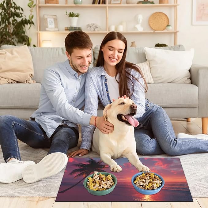 Hawaiian Sunset Dog Food Mat for Floors Absorbent, Quick Dry Water Dispenser Mat for Food, Water, Pet Supplies 16" x 24", Plam Tree