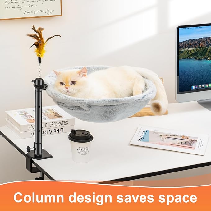 Uross Cat Desk Bed - Adjustable Height & 360 Rotation Cat Desk Perch Mount for Office and Game Tables, Attachment Desktop Bed with 2 Washable Covers, Soft Rabbit Fur& Breathable Mesh -Grey