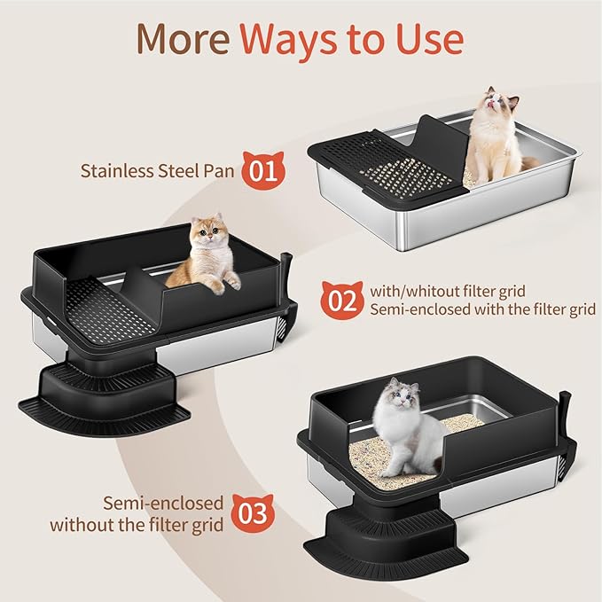 XXXL Stainless Steel Litter Box, 28"x20"x12" Extra Large Semi Enclosed High Sided Metal Cat Litter Box with Filtered Grid, Step, Scoop, Non-Sticky, Non-Odor, Easy Cleaning (Black)