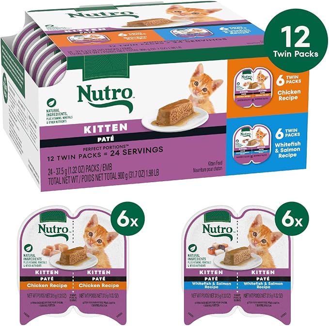 Nutro Perfect Portions Wet Kitten Food Pate Chicken Recipe and Whitefish and Salmon Recipe, Pate Wet Cat Food, 2.6 oz. Twin-Pack Trays, 12 Count, 24 Servings