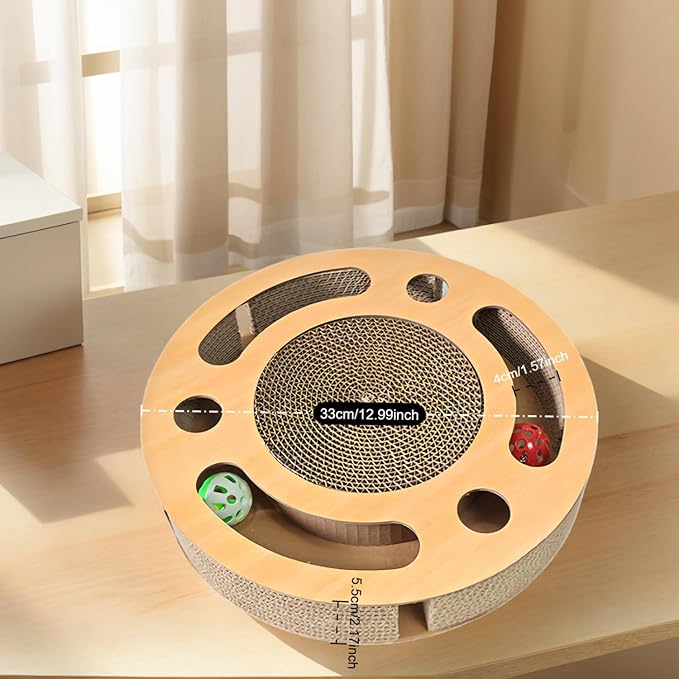 Circular Cat Scratch Board with Balls, Corrugated Cardboard Interactive Toy, 13 Inch Round Grinding Post with Ball Track, No-Shed Design