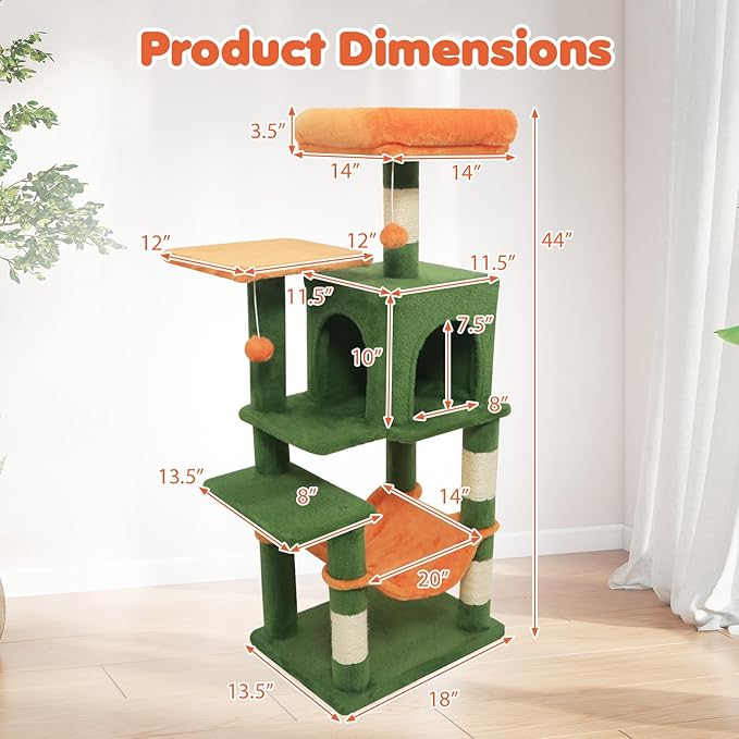 Tangkula Cat Tree Tower, 44 Inch Multi-Level Cat Tower with Sisal Scratching Posts, 2-Door Condo, Padded Top Perch & Hammock, 2 Hanging Balls, Jumping Platforms for Indoor Cats (Green & Orange)