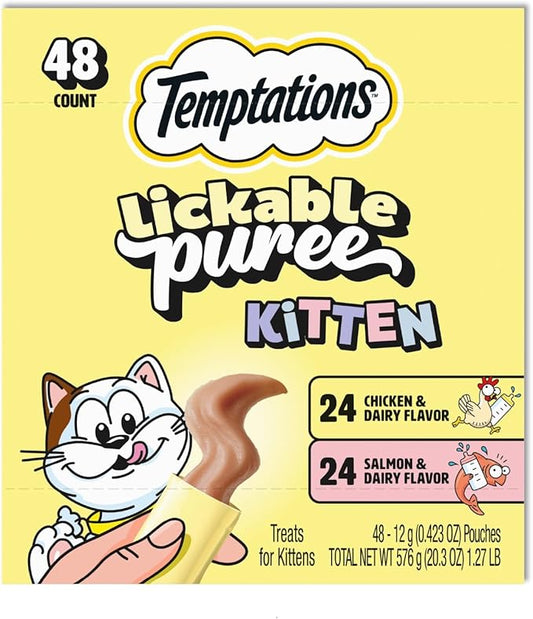 Temptations Puree Kitten Treats Lickable, Chicken and Salmon Variety Pack, 48 Pouches