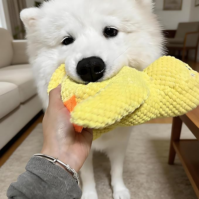 Durable Quacking Duck Dog Toy - Interactive Plush Chew Toy for Anxiety Relief & Fun Play with Cats & Dogs, Pets Only (Yellow, Medium)