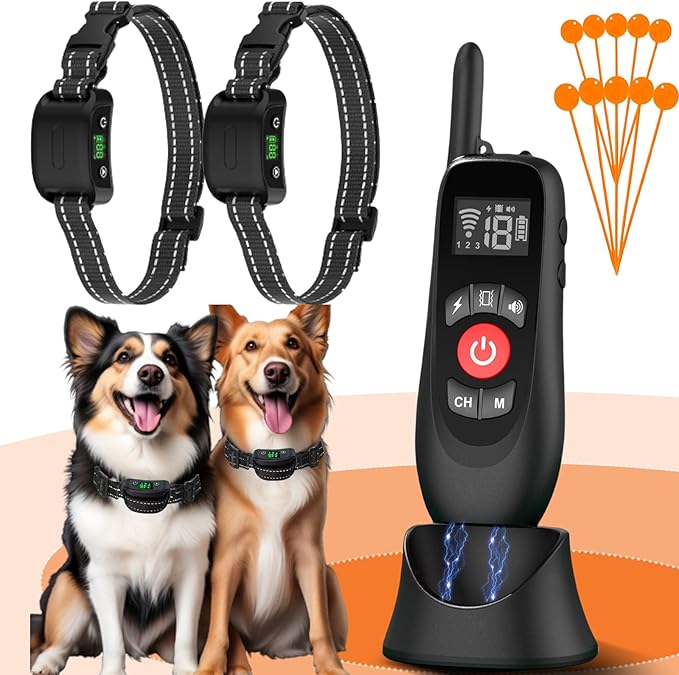Wireless Dog Fence Collar, Electric Dog Fence & Remote Training Collar, Magnetic Charging Base, Portable Outdoor Wireless for Yards, Adjustable for Small Medium Large Dogs (for 2 Dogs)
