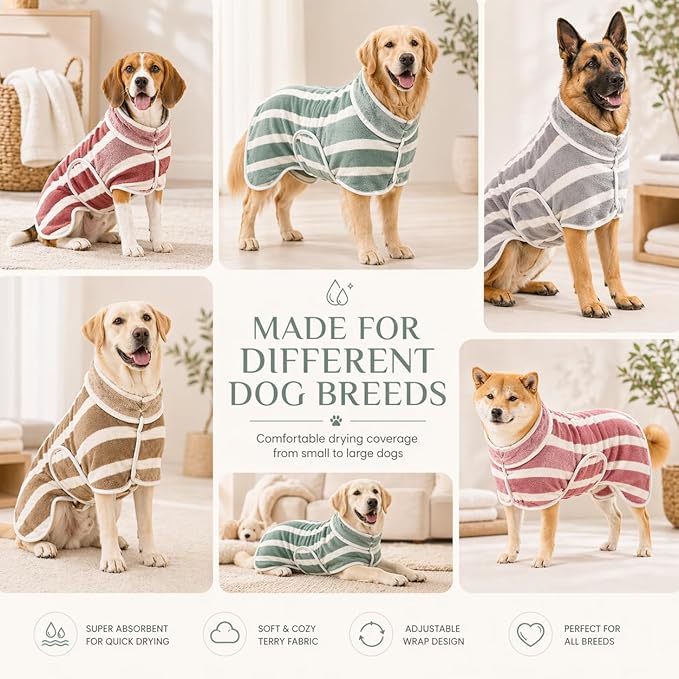 Dog Robe, Towels for Dogs After Bath, Dog Bathrobe for Drying Dogs, Fast Drying Super Absorbent Striped Dog Towel Wrap, Adjustable Warm Pet Bath Supplies (Khaki, X-Small)