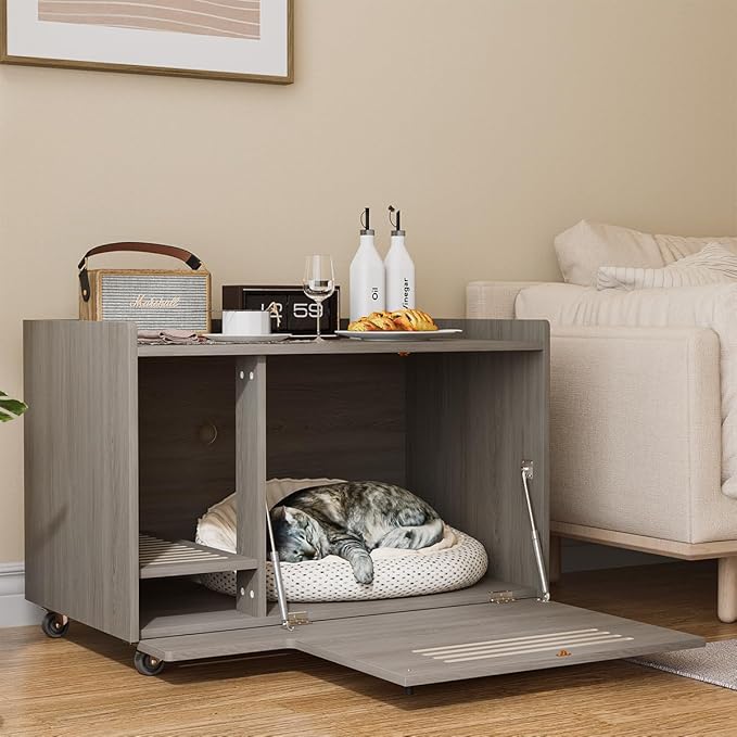32.7" Gray Cat Litter Box Enclosure, Hidden Litter Box Furniture with Top Side Fence, Indoor Side End Table/Storage Cabinet for Large Cats