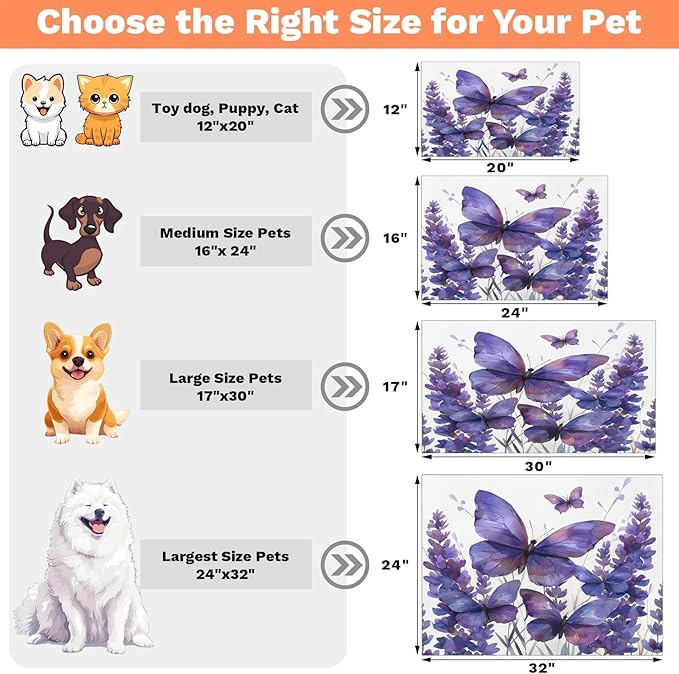 Purple Butterfly Dog Food Mat for Floors Absorbent, Quick Dry Water Dispenser Mat for Food, Water, Pet Supplies 12" x 20", Lavender Floral