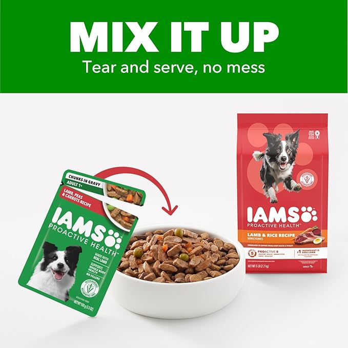 IAMS Proactive Health Adult Wet Dog Food, Lamb, Peas and Carrots Recipe, 3.5 oz. Pouch (16 Count, Pack of 1)