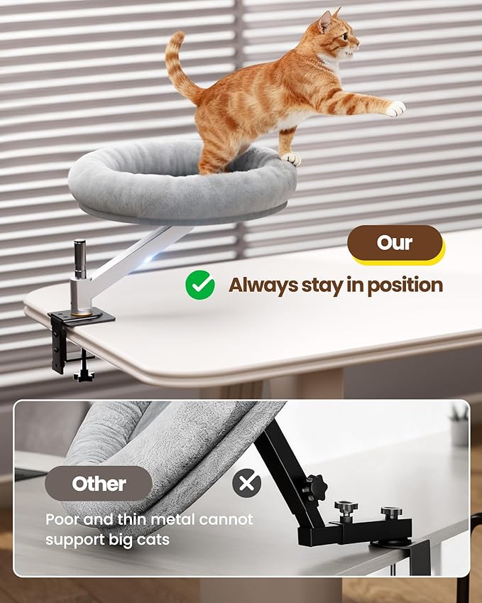 tomxcute Cat Desk Bed - Integrated Die-Cast Arm for Stability - 360° Rotation & Height Adjustable - 45 lbs Support - Cat Desk Perch for S/M/L Cat - Removable Washable Office Cat Bed with Wooden Base