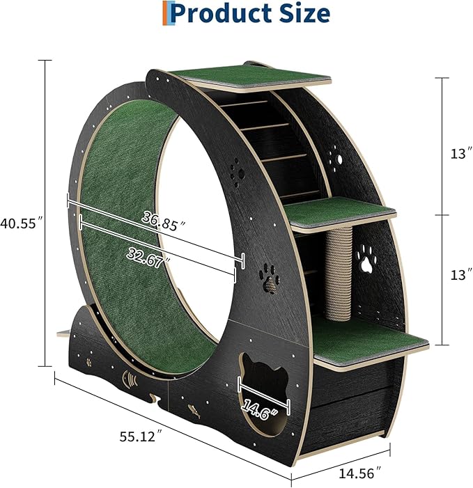 Cat Wheels for Indoor Cats, 48" Large Treadmill Wheel for Indoor Cats with Bowls, Scratch Post, 3-Level Jumping Tower, Cat Exercise Wheel for Running Walking Training