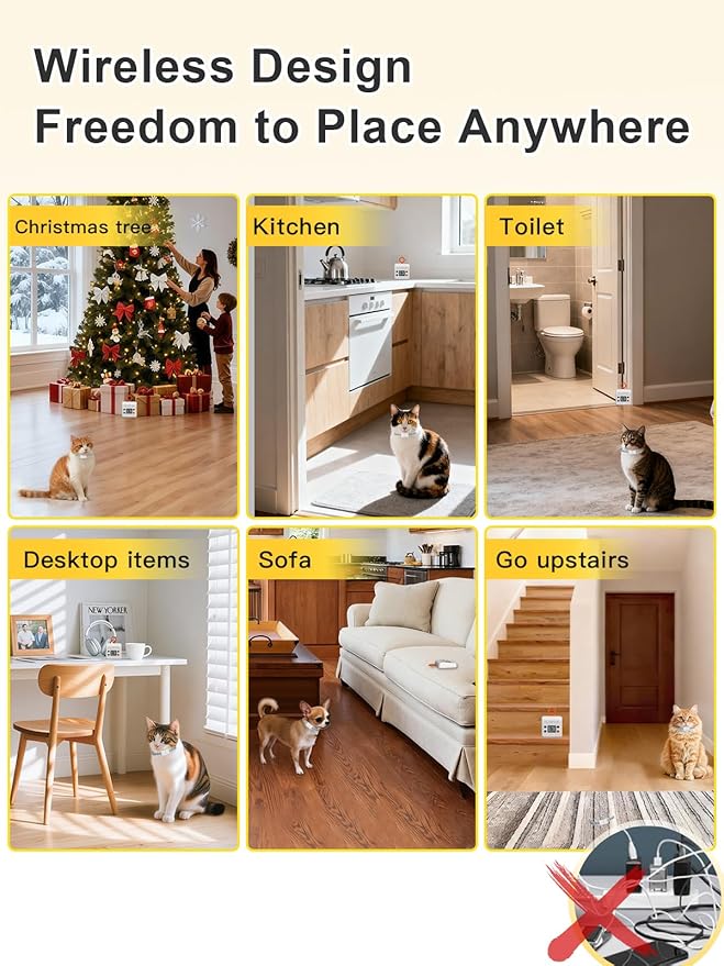 FLYSPEAR Wireless Cat Barrier - Rechargeable Indoor Barrier with 6 Adjustable Range Radius up to 7 ft, 6 Adjustable Safe Static Intensity, Electric Fence System for Cats Small Dogs with Hook (White)